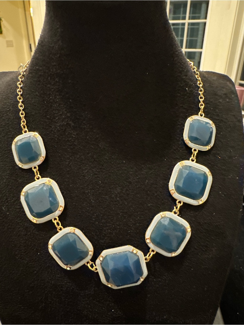 Charming Charlie Blue Gold Tone Statement Necklace Square Cabochon Rhinestone